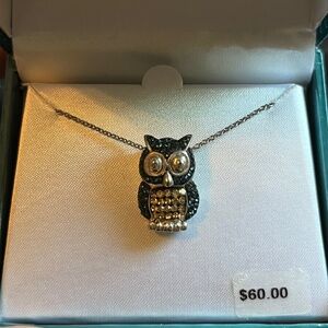 Genuine Blue and Yellow Crystal Owl Necklace - silver plated